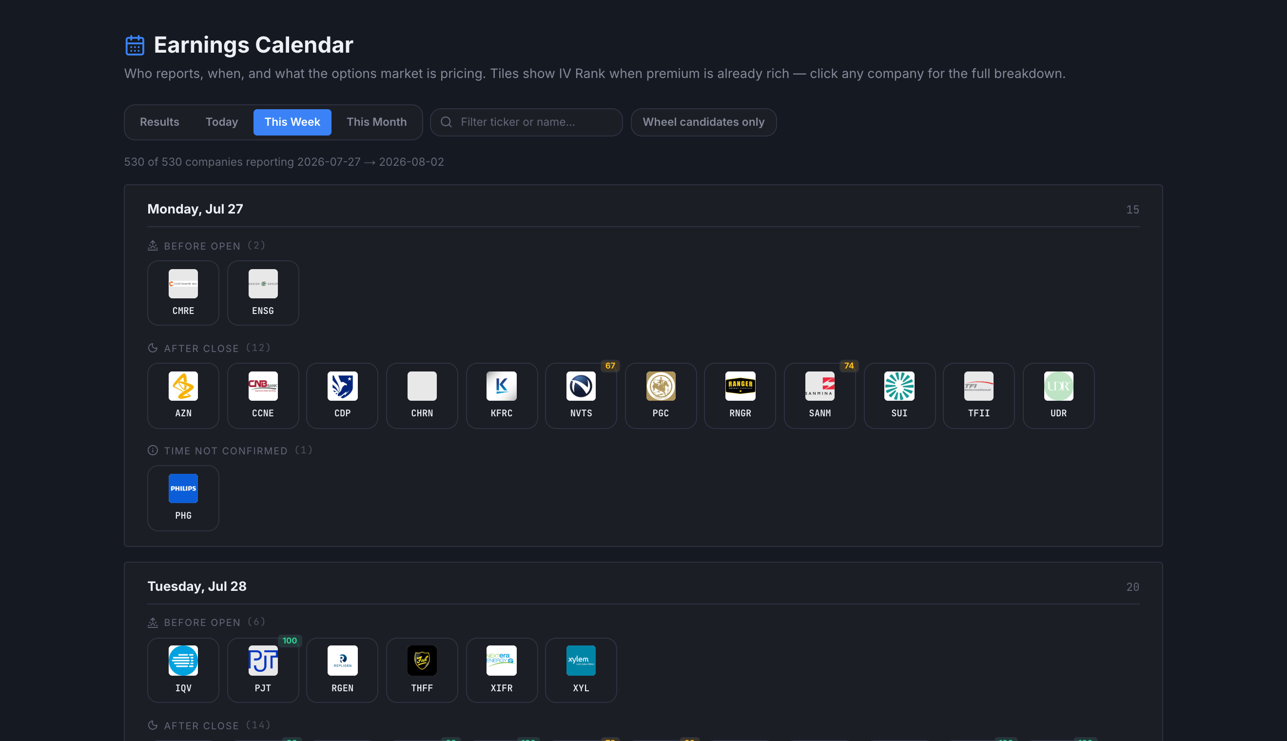 The OptyTrades earnings calendar showing tab filters and companies grouped by day and reporting time