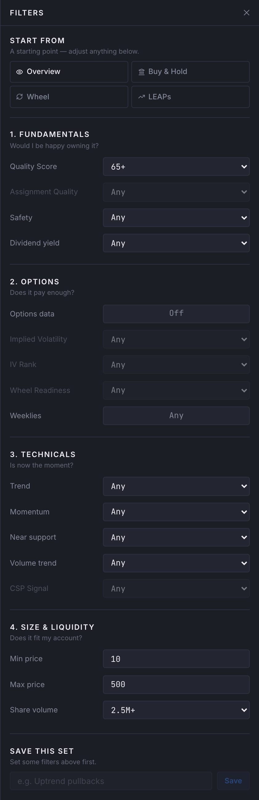 The filter panel open on the right of the screener, showing Start from and the four groups — Fundamentals, Options, Technicals, and Size and liquidity — with Save this set at the bottom