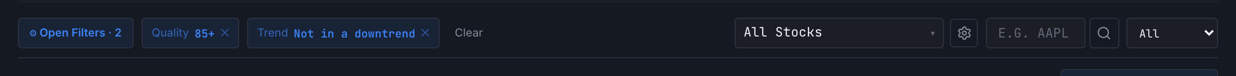 The screener's controls row: the Open Filters button with its active count, the scope picker, symbol search and row limit