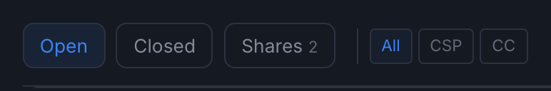 Filter buttons for Open, Closed, and Shares