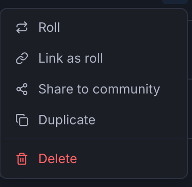 Row actions menu open, listing Roll, Link as roll, Share to community, Duplicate and Delete